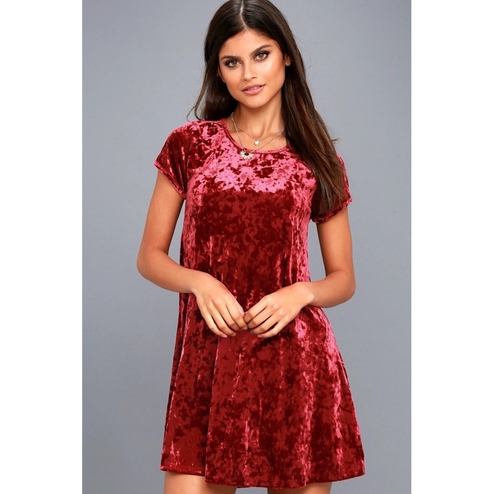 Z Supply Burgundy Crushed Velvet Short Sleeve Shift T-Shirt Dress Sz M